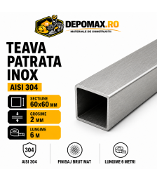 Teava patrata inox AISI 304, 60 x 60 x 2 mm, 6 metri